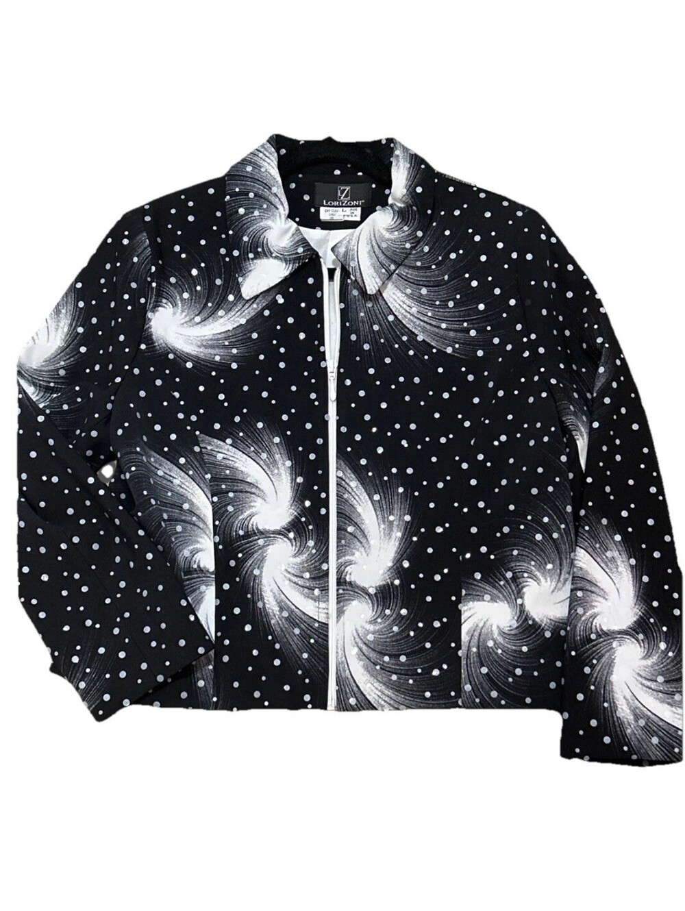 LoriZoni L NWOT Silk Black Celestial Print Jacket Full Zip Stars Galaxy Gothic